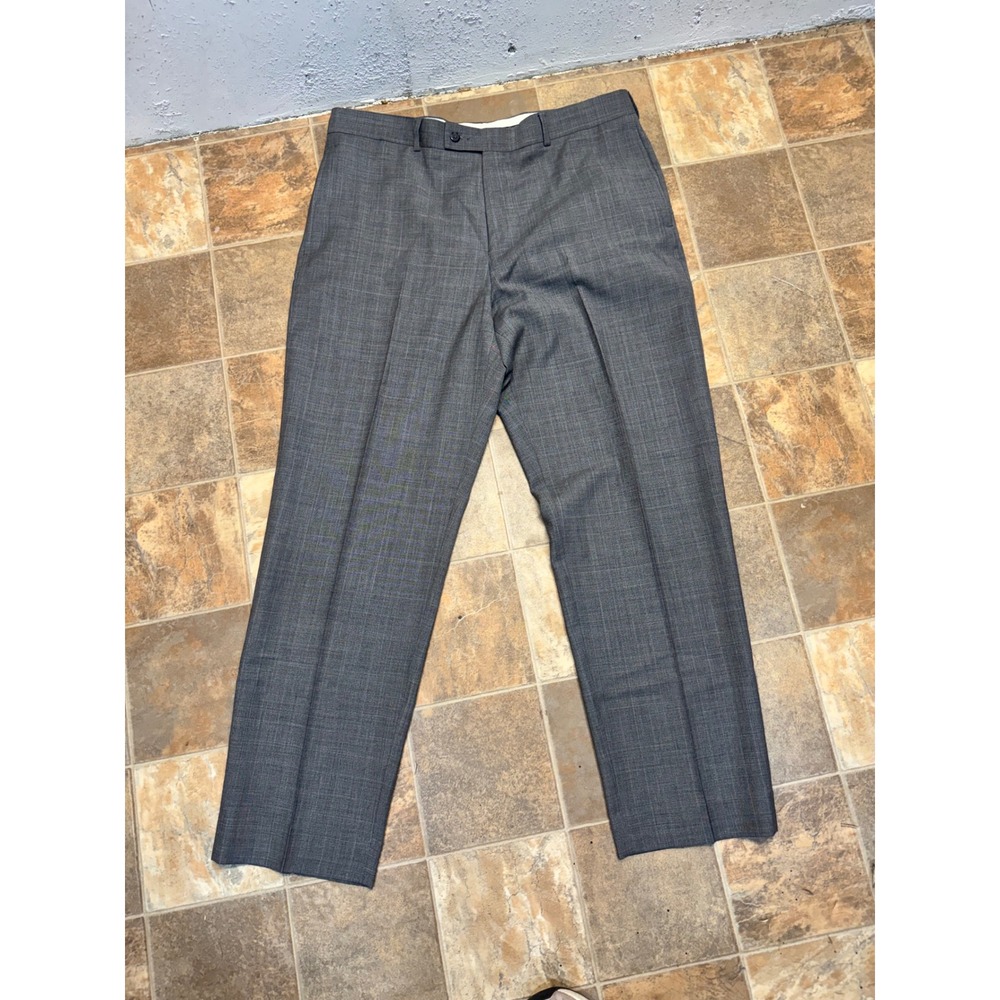 Tasso Elba Mens 38x32 Gray Glen Plaid 100% Wool Dress Pants Flat Front Trousers